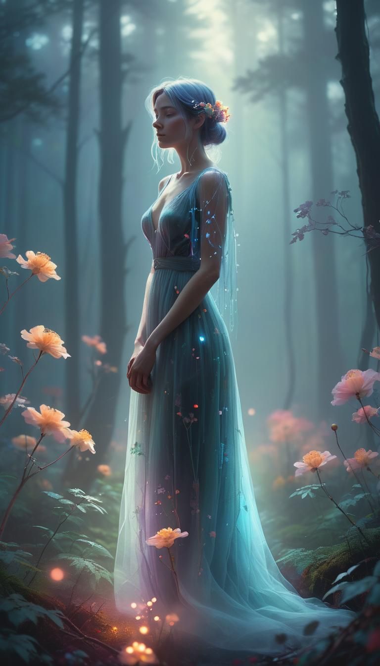 Ethereal Woman in Dreamlike Glowing Forest