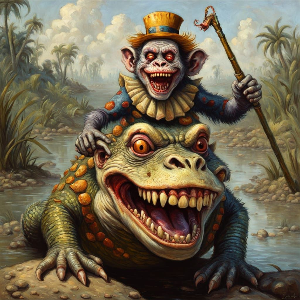 Zombie Clown Infant Rides Crocodile: Gurney-Style Oil Painti...