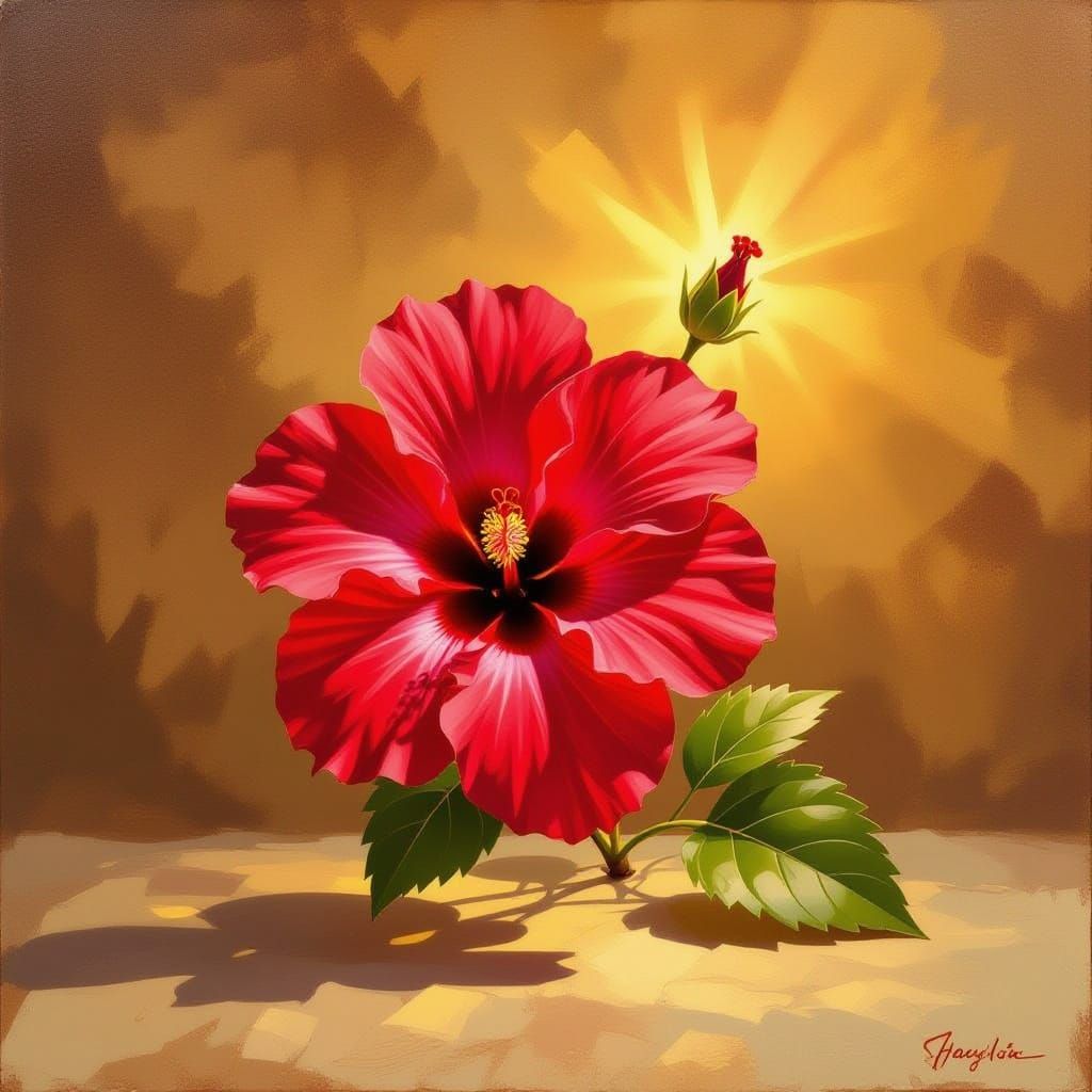 Velvety Red Hibiscus Oil Painting with Golden Light