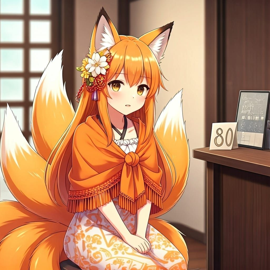 Anime Fox Girl with Seven Tails in Living Room
