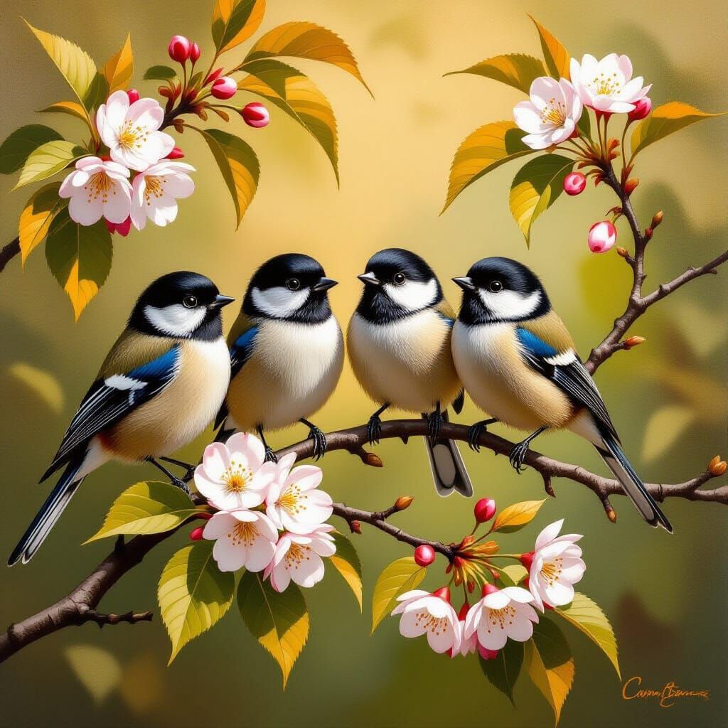 Titbirds on Cherry Branch in Hyperrealistic Style
