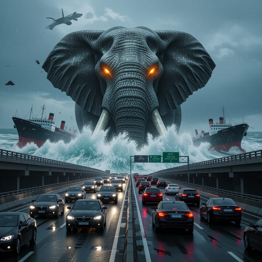 Cinematic Highway Disaster with Tsunami Elephant