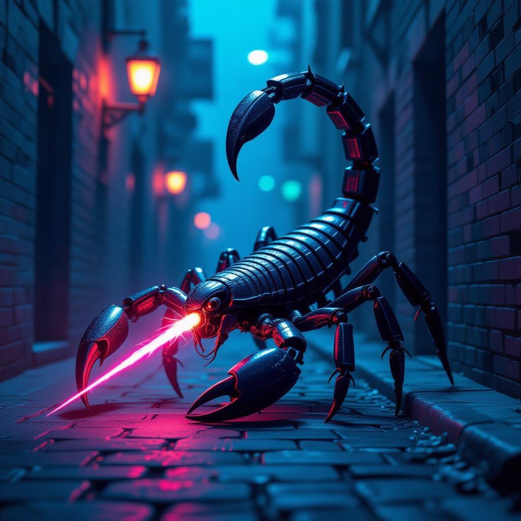 Cybernetic Scorpion in Gothic Neon Alleyway