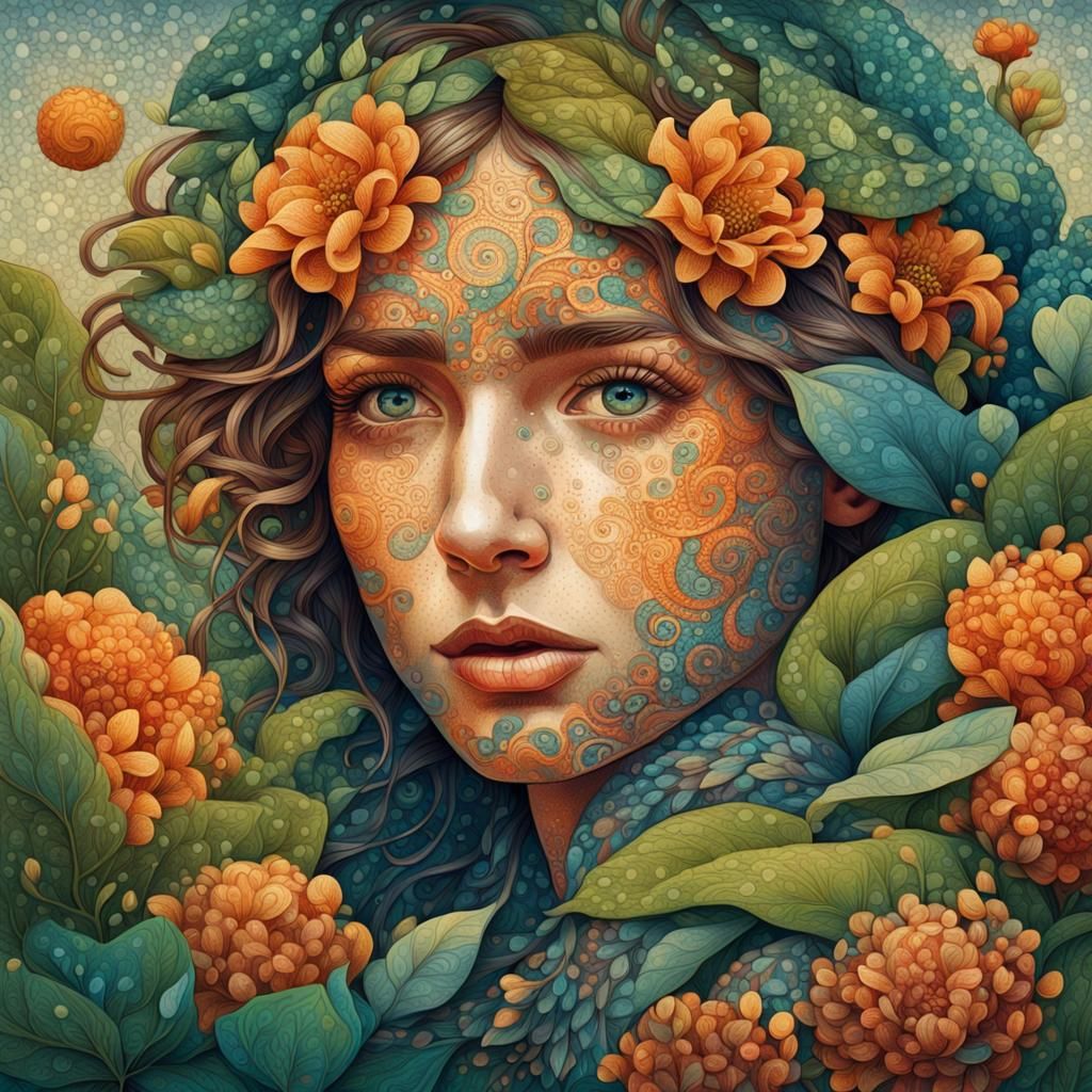 Intricate Pointillist Portrait in Art Nouveau Style