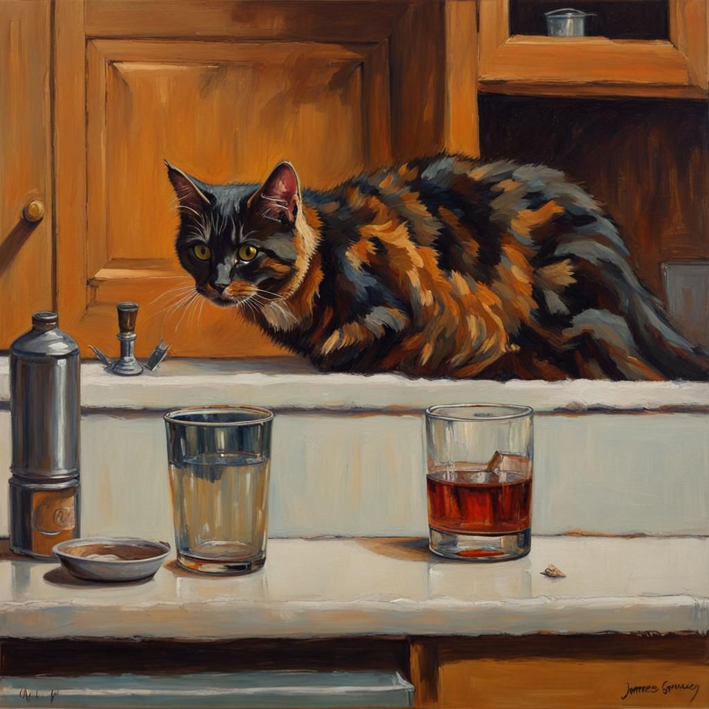 Tortoiseshell Cat Watching Glass Fall, Oil Painting