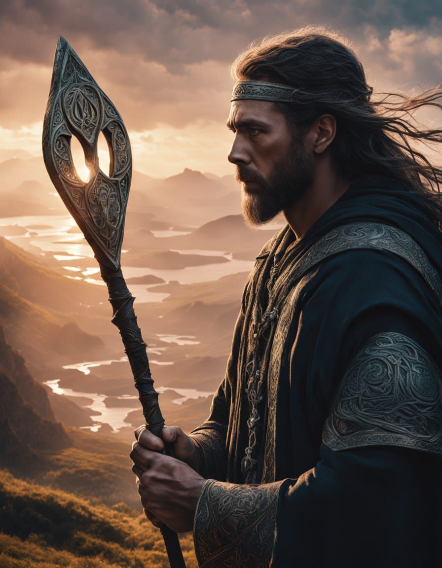 Celtic Warlock Conjures Magic on Rugged Mountainside