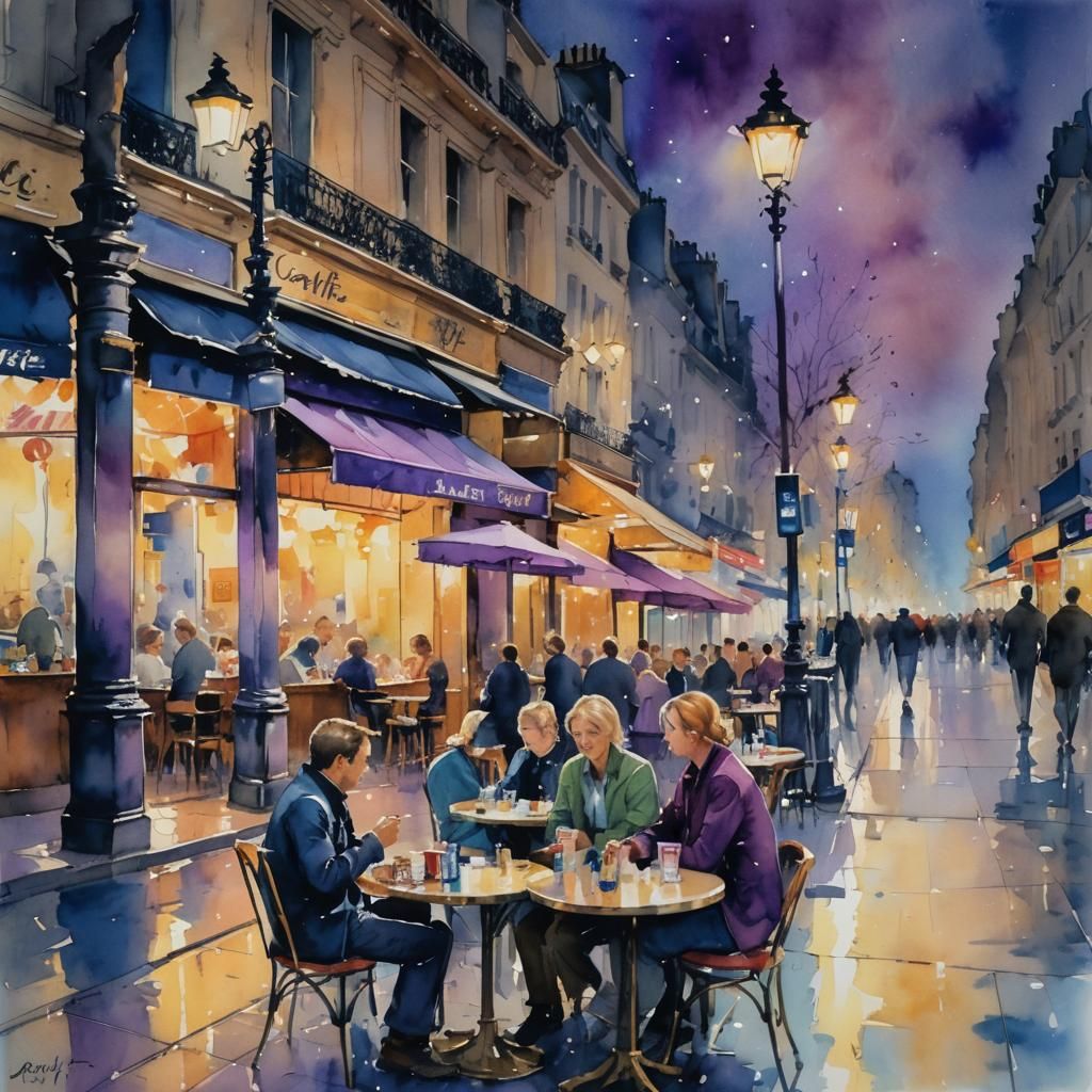 Champs Elysees Cafe at Night: Impressionist Watercolor