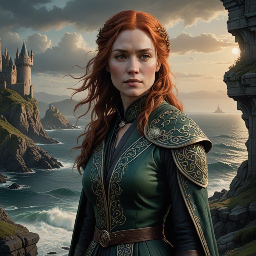 Ethereal Portrait of a Red-Haired Woman in Emerald Embroider...