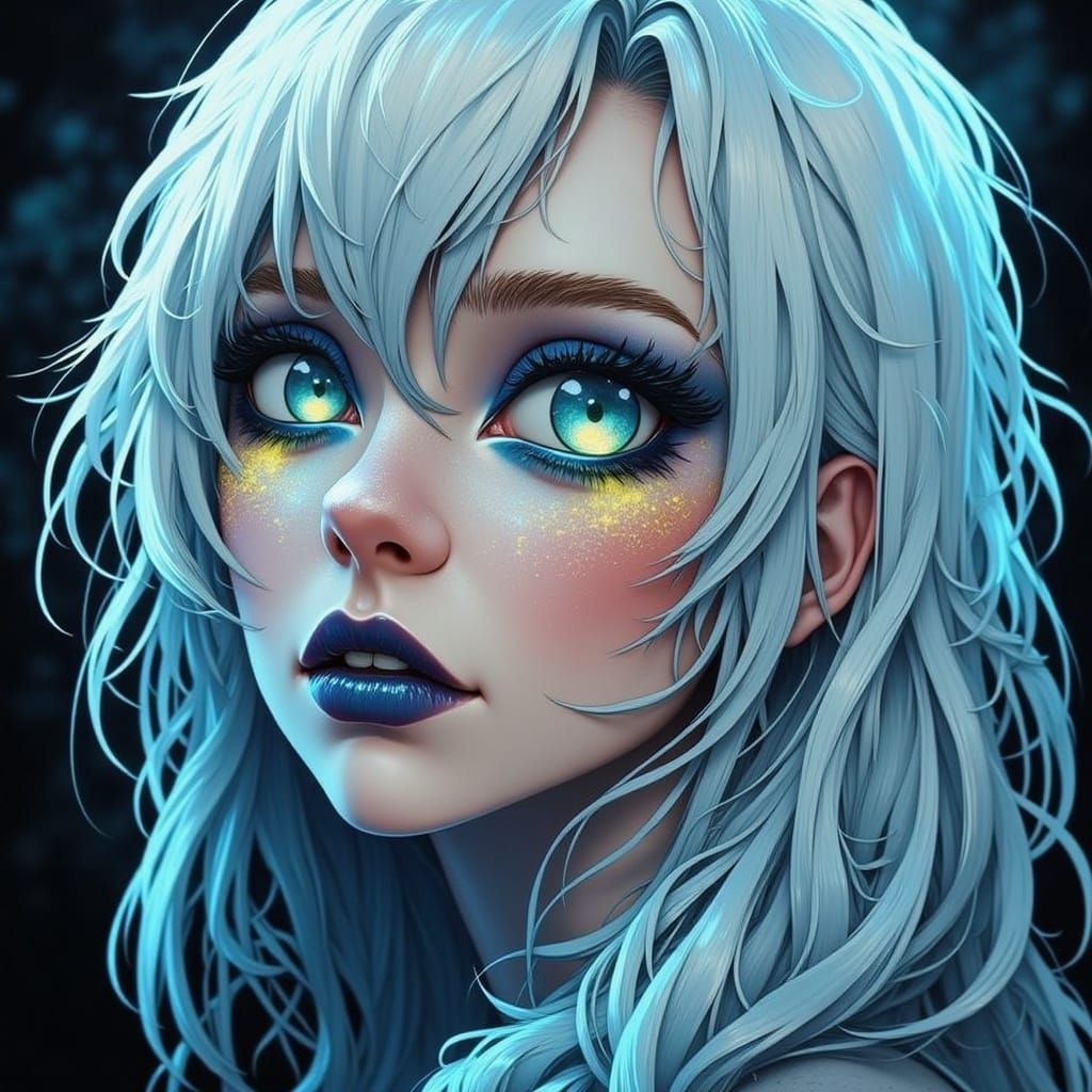 Pin-Up Woman with Silver Hair and Blue Eyes