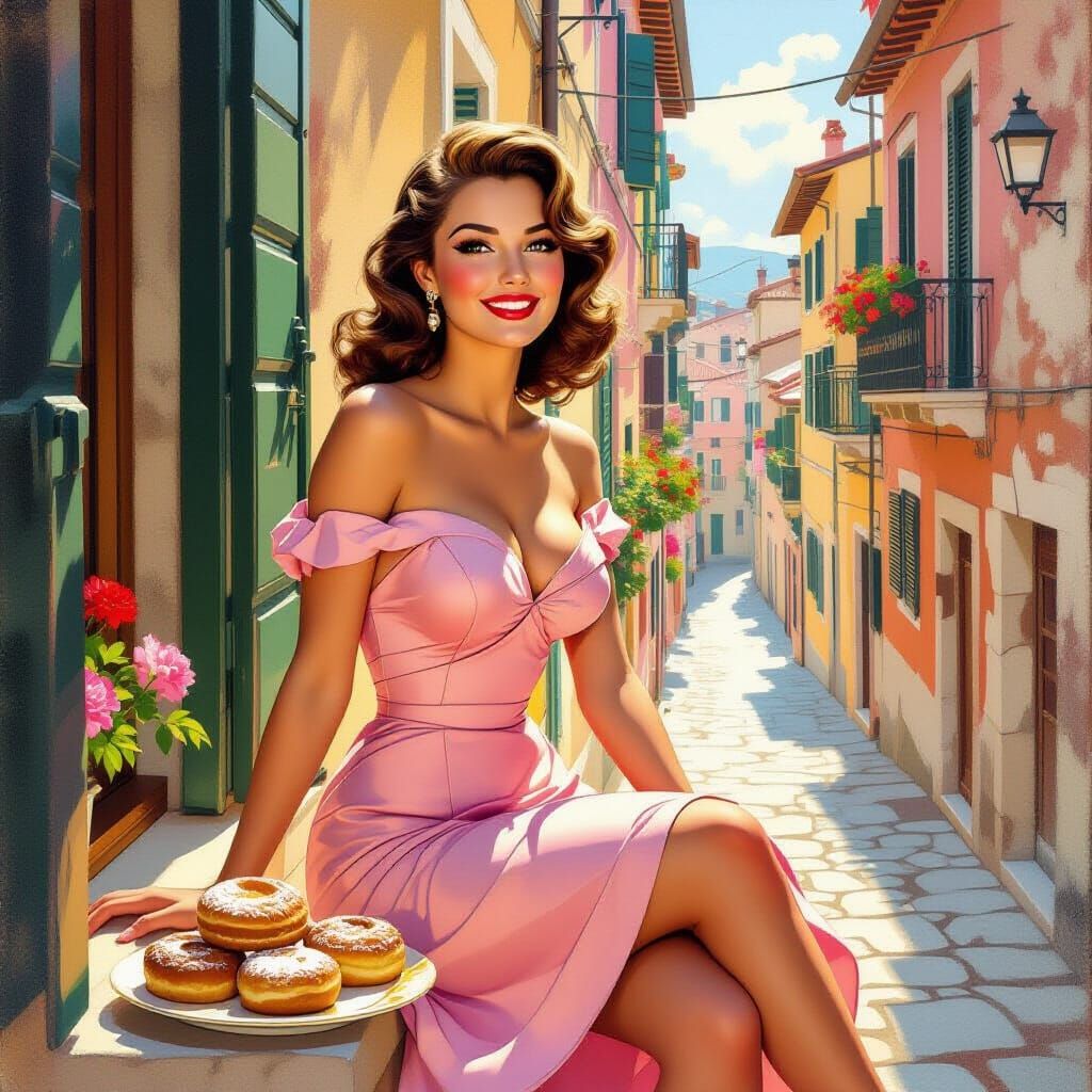 Pin-Up Woman Poses with Baked Goods on Naples Windowsill