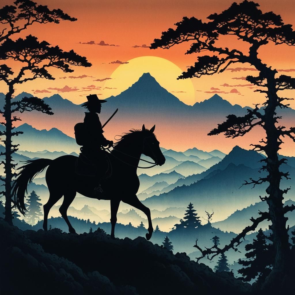 rider on a horse, sunset in front of mountain chain, silhoue...