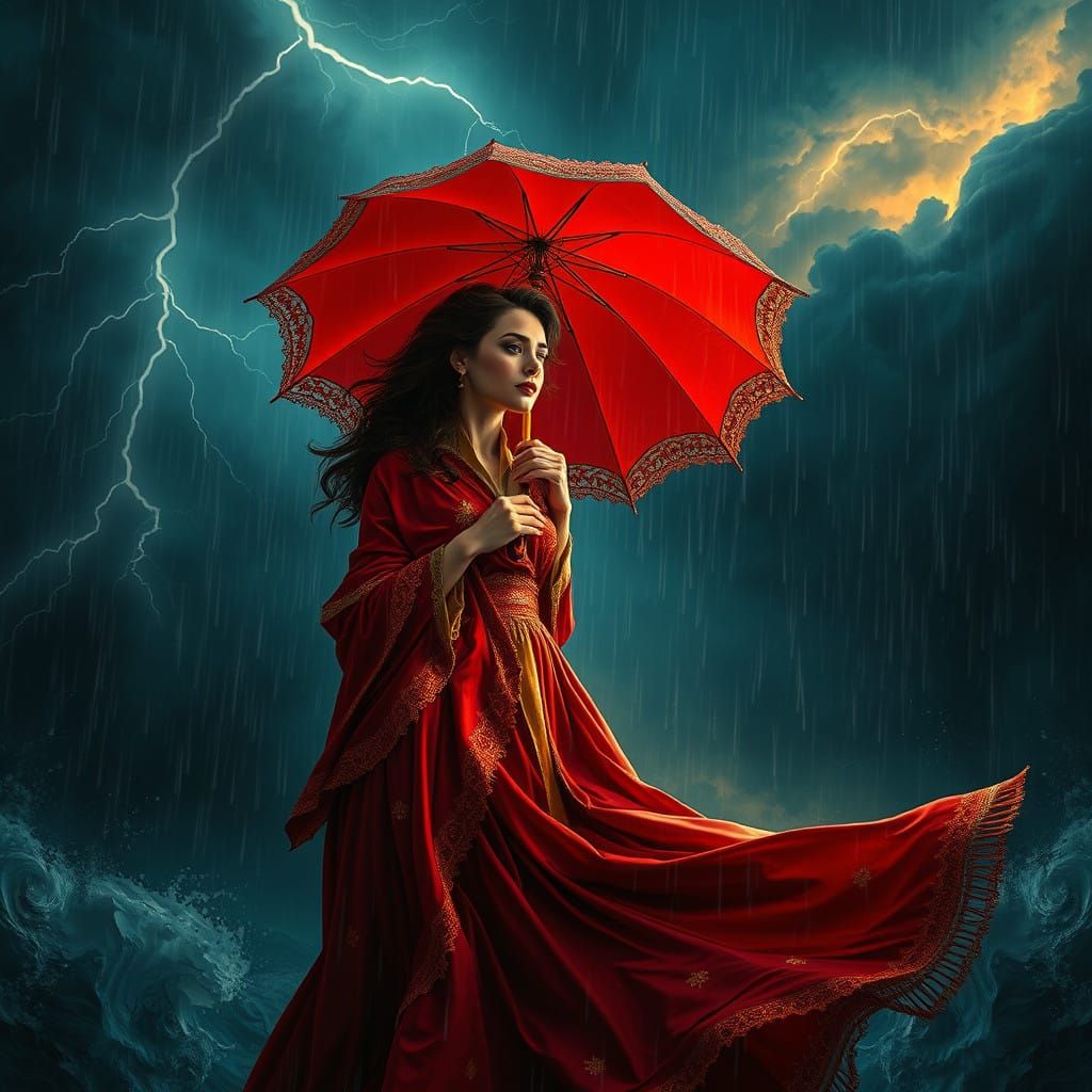 Darkness Illuminated: Elegant Woman in Turbulent Storm
