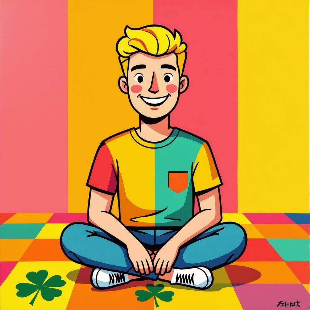 Naive Art of Smiling Man on Colorful Floor