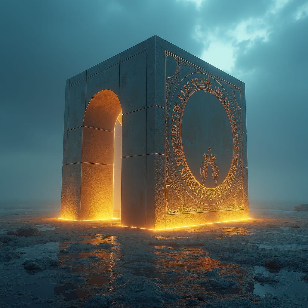 Crystalline Cube with Celtic Runes in Ethereal Landscape