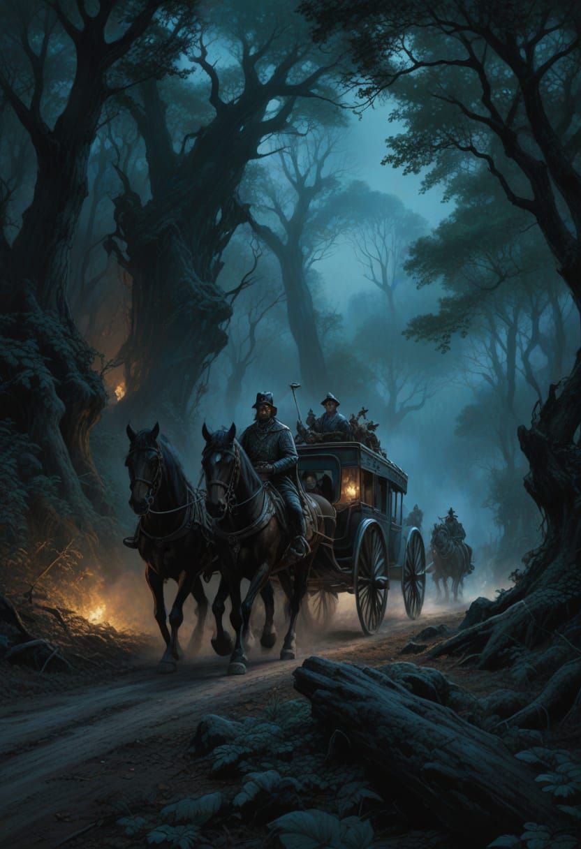 16th Century Coach in a Dark Forest, Heroic Fantasy Art