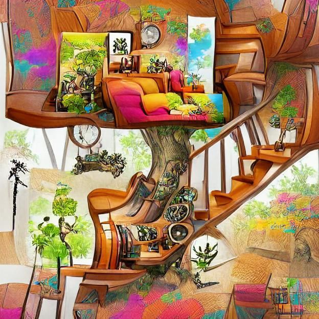 Colorful Steampunk Treehouse Living Room Illustration