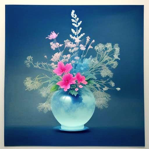 Ethereal Fuchsia Ikebana in Cyanotype Style