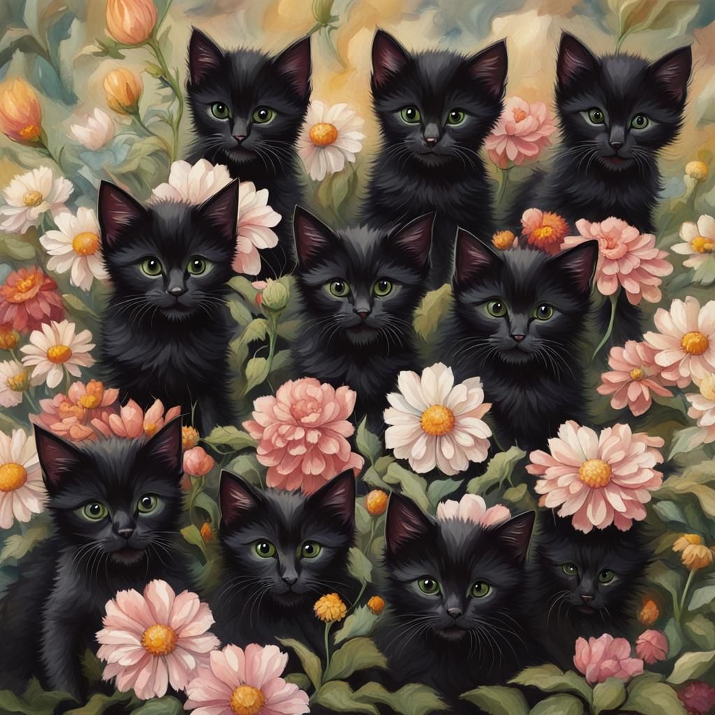 Tiny Black Kittens Surrounded by Flowers