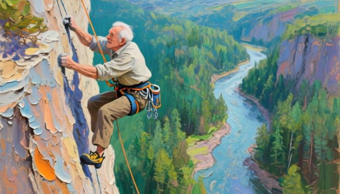 Elderly Climber Dangles on Sheer Cliff Over Forest River