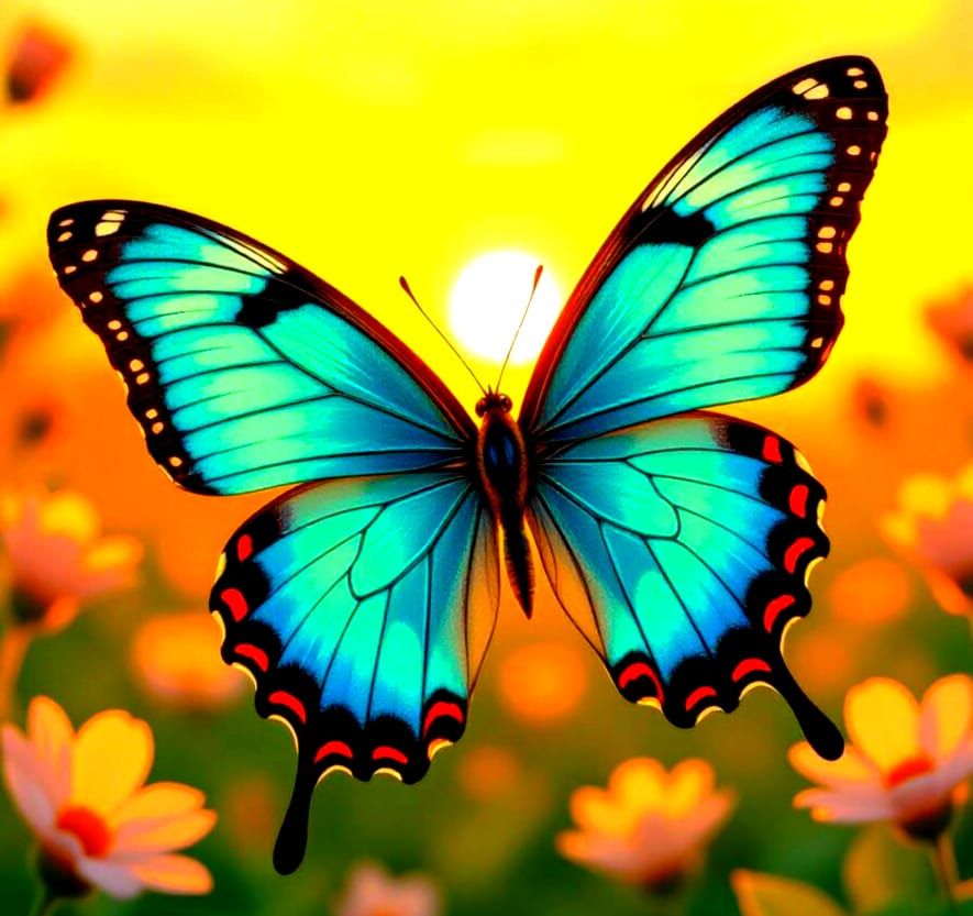 Elegant Turquoise Butterfly in a Sunrise Garden