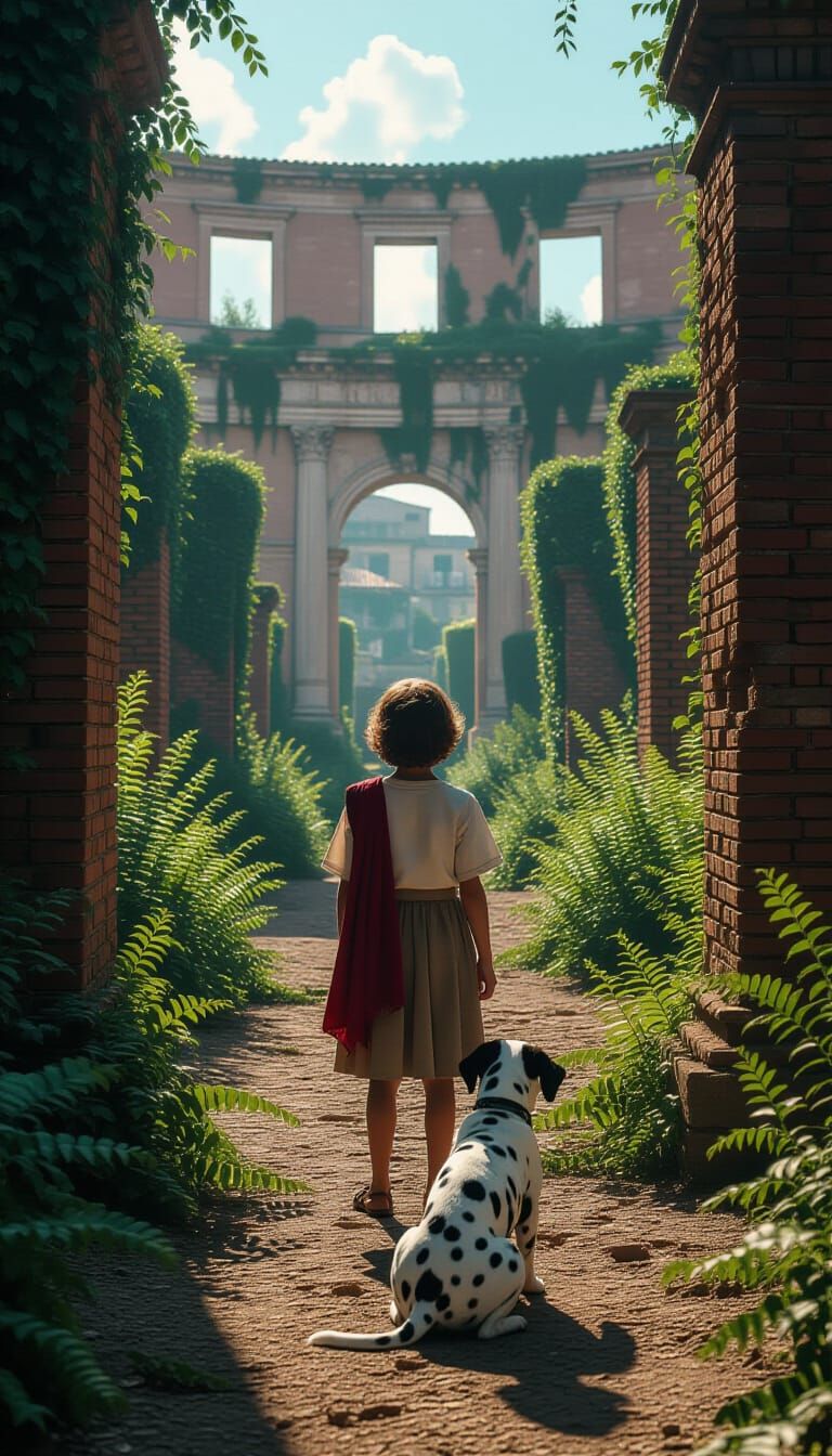 Kid in Ancient Rome with Fuchsia Tapestry