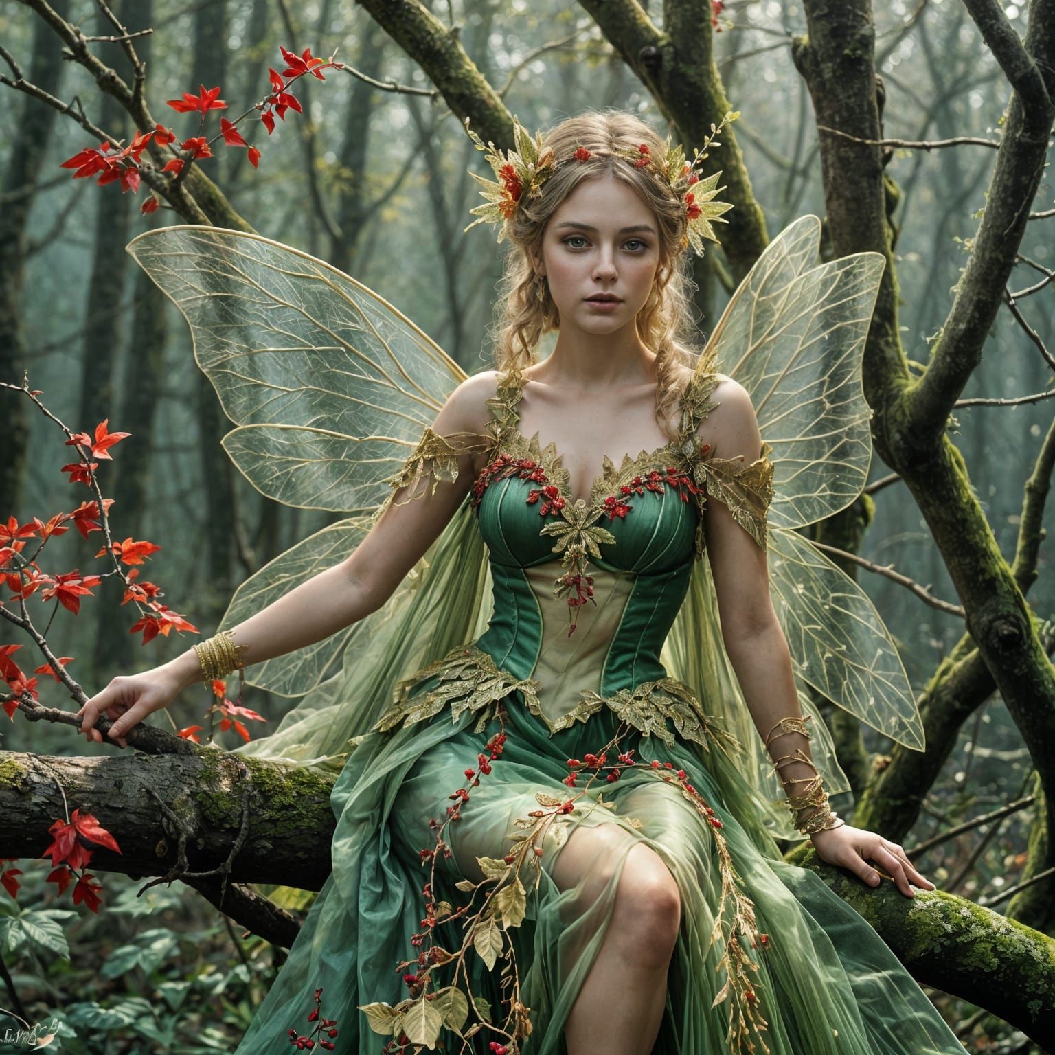 Forest fairy sitting on a tree limb in forest.