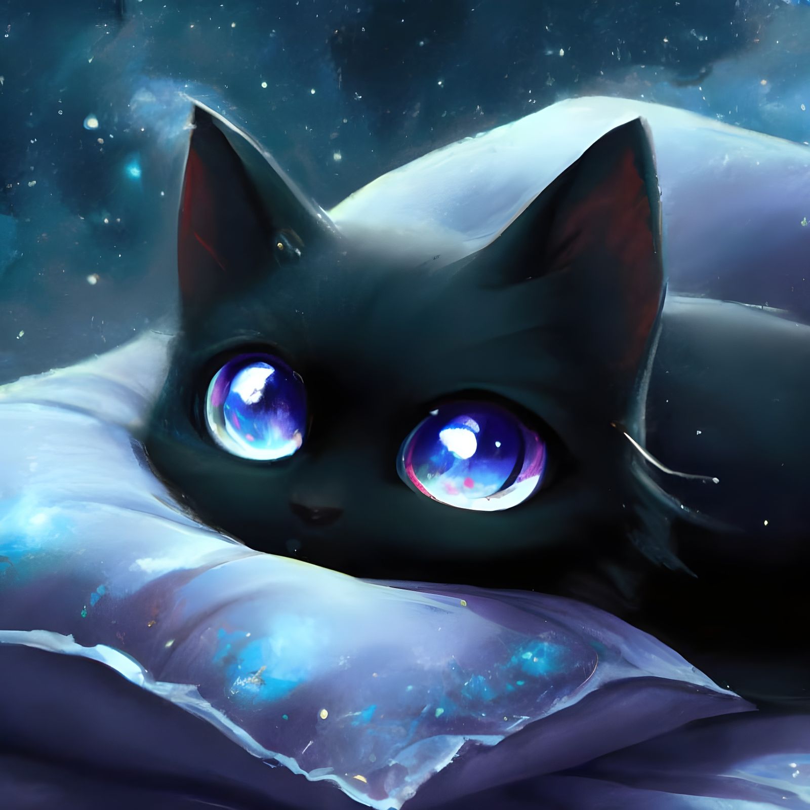 Black Cat with Galaxy Eyes in Anime Style