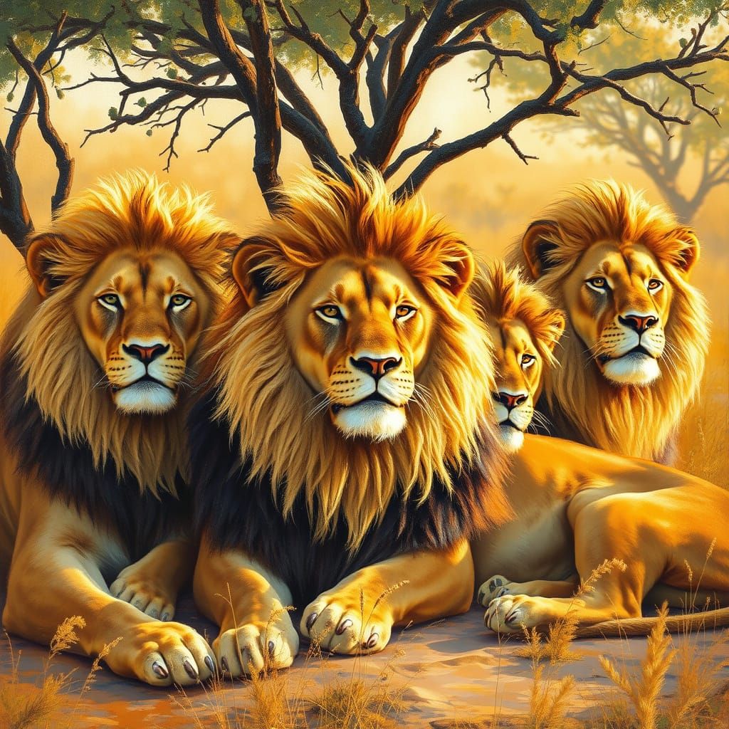 Lions Lounging in Golden Savannah Light