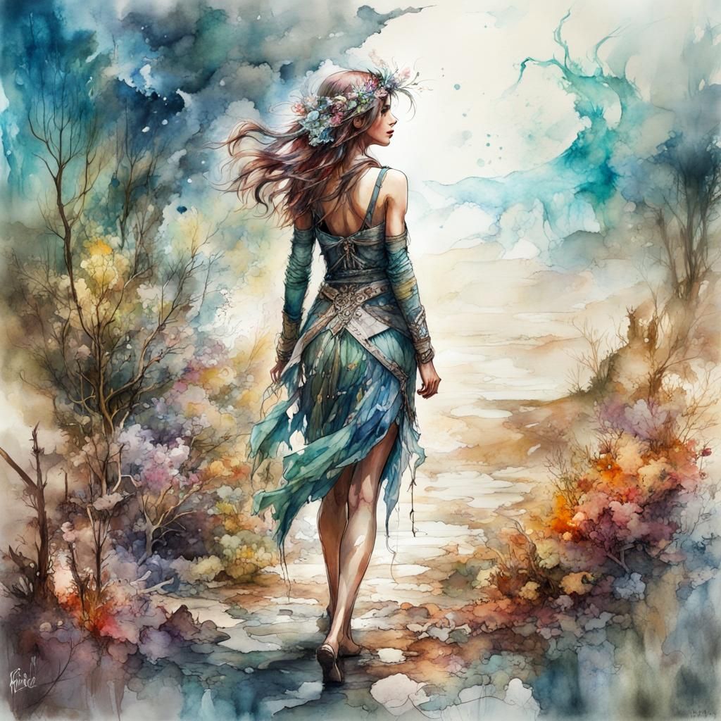 Fantasy Watercolor: Woman in Wasteland