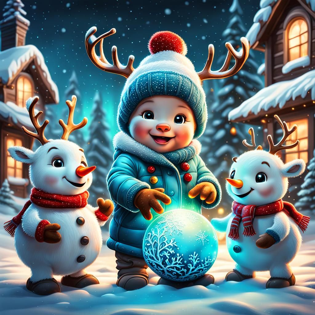 Cute Reindeer Celebrate Christmas in Winter Wonderland