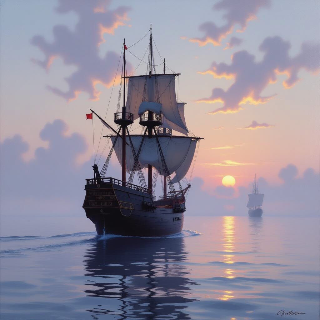 Majestic Galleon at Dawn in Oil Painting Style