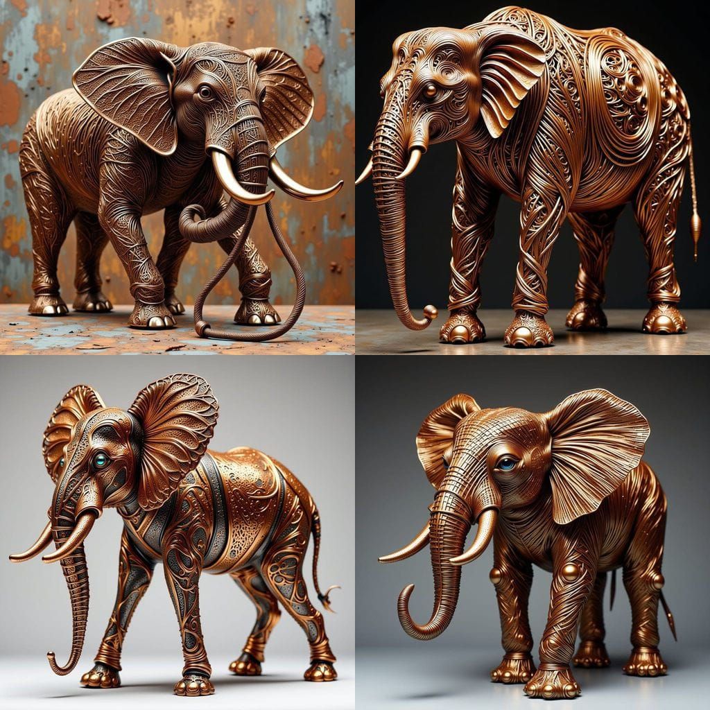 Copper Wire Elephants Weaved with Bamboo