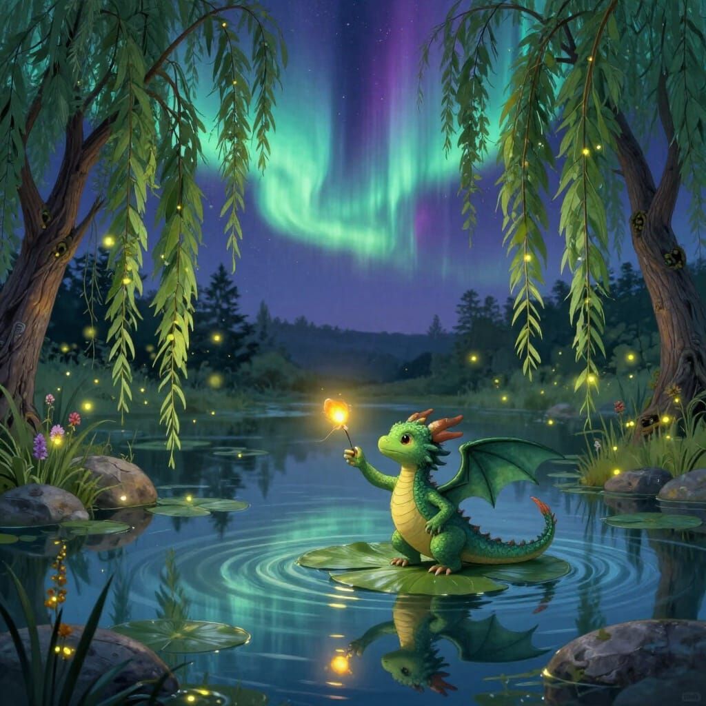 Baby Dragon Reaches for Firefly Under Aurora Borealis