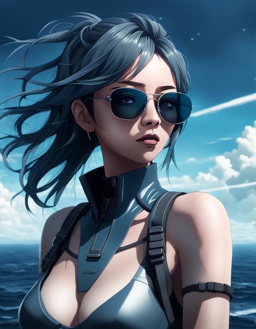 Cyberpunk Anime Woman Poses by Ocean in 3D Art