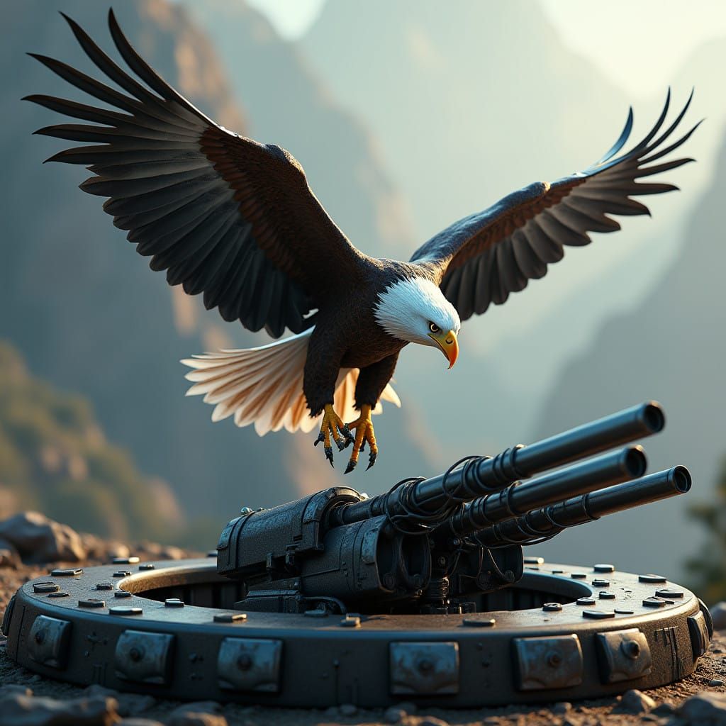 Majestic Eagle Soars Over Futuristic Machine Gun Nest in Stu...