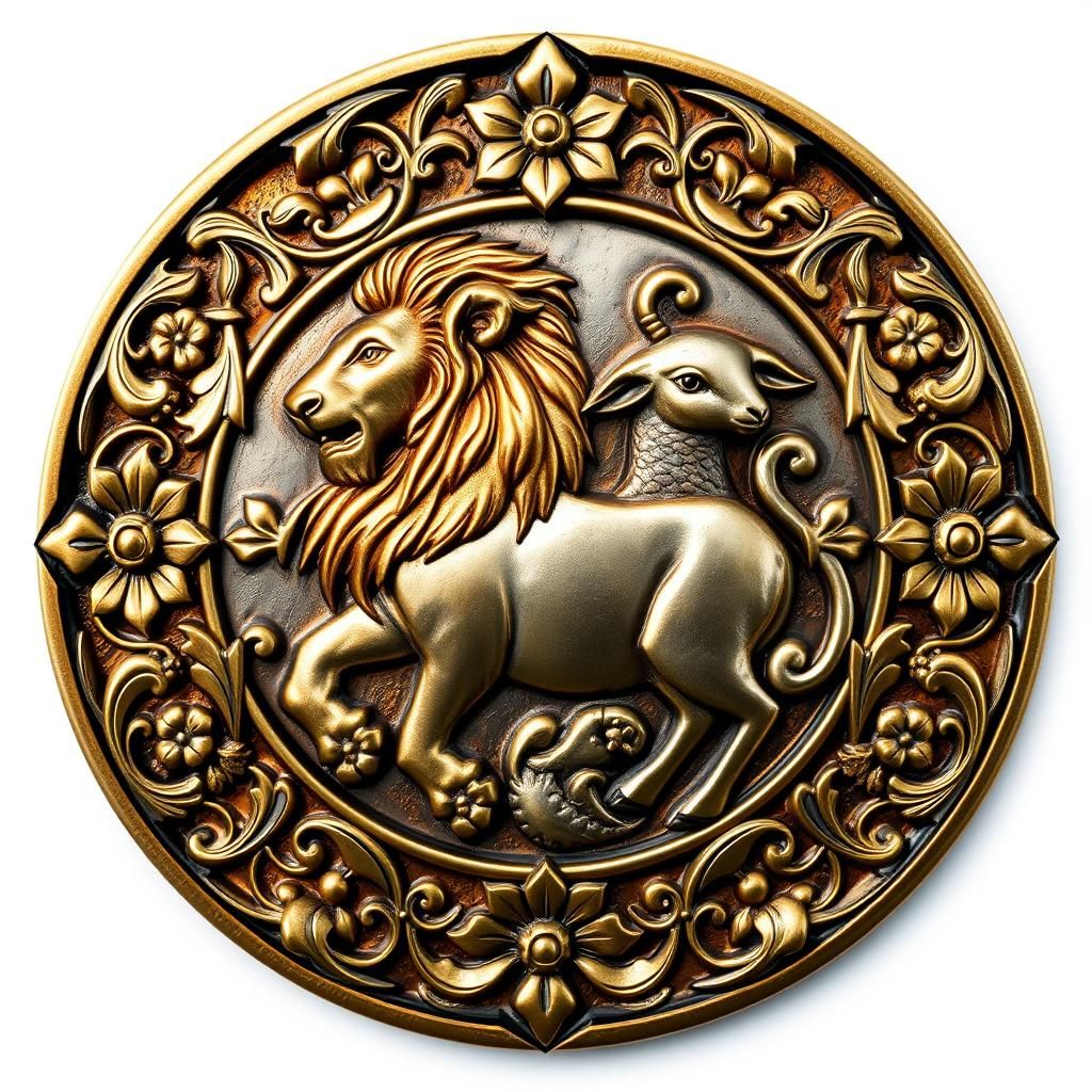 Ornate Medallion: Lion and Sheep in Silver, Gold, Copper
