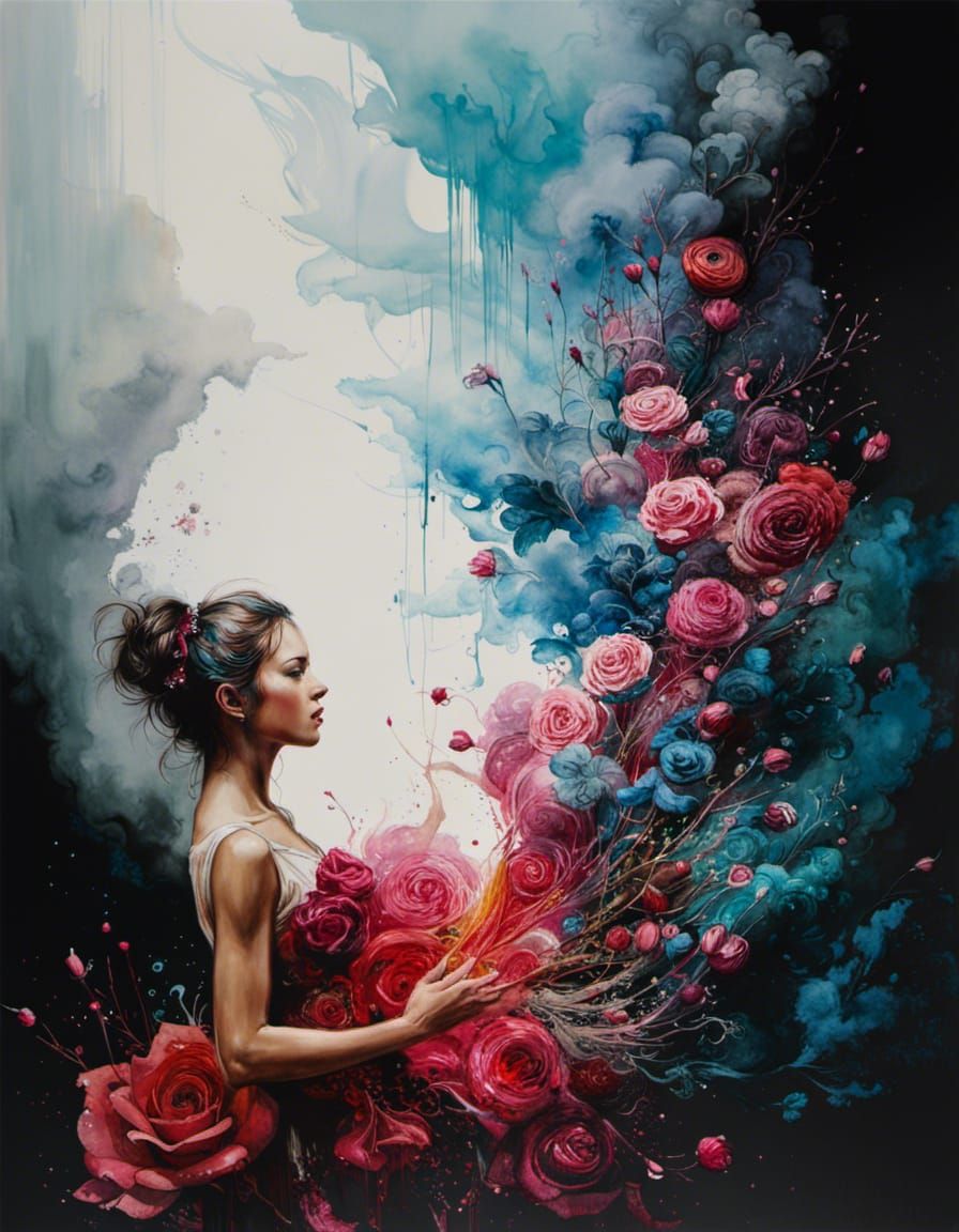 Roses Dissolving into Smoke: Watercolor and Ink Art