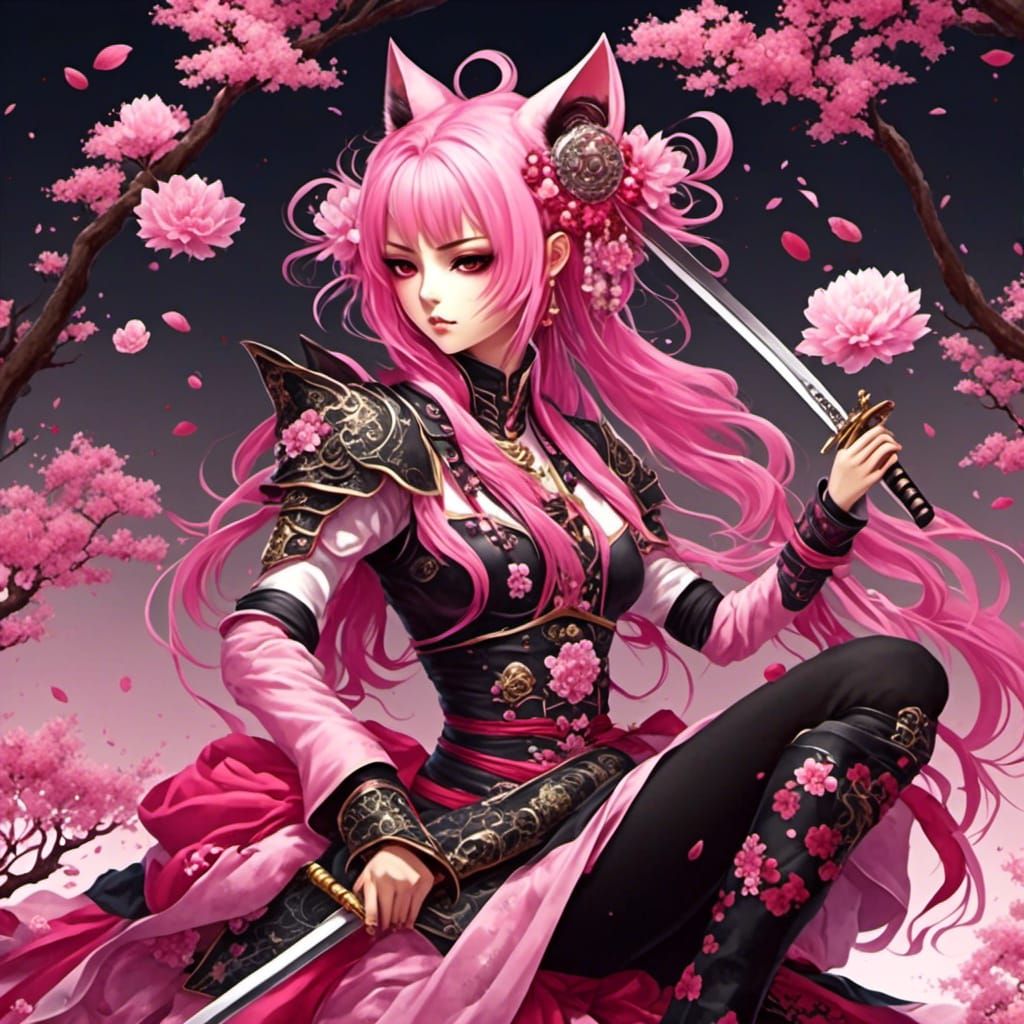 Anime Pink Neko Samurai with Sakura