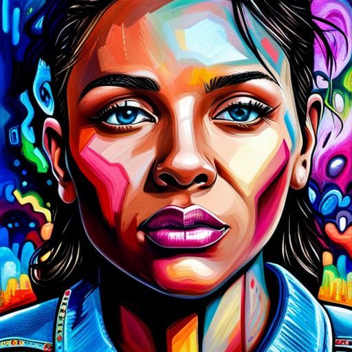 Colorful Graffiti Art: Hovering Woman with Gemstones