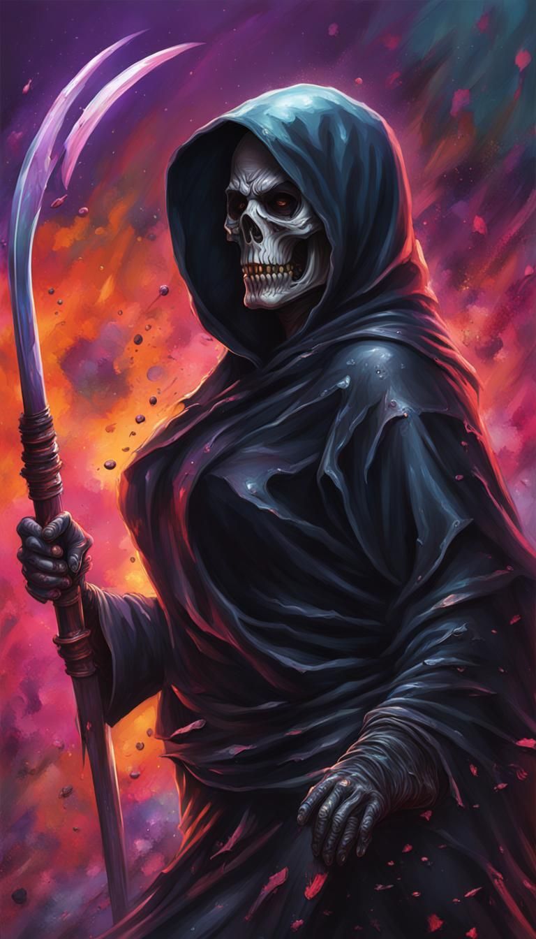 Latex Grim Reaper in Hyperrealistic Splash Art