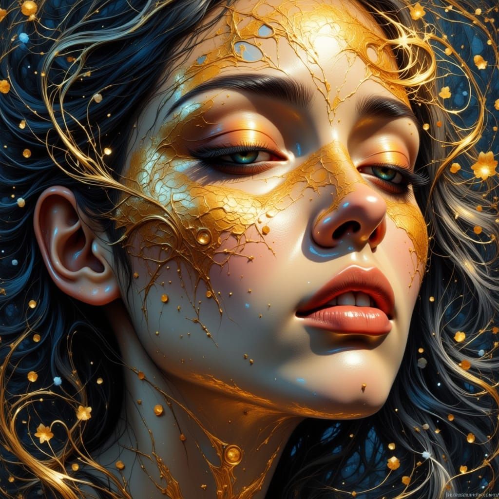 Ethereal Woman Portrait in Double Exposure Gouache Style