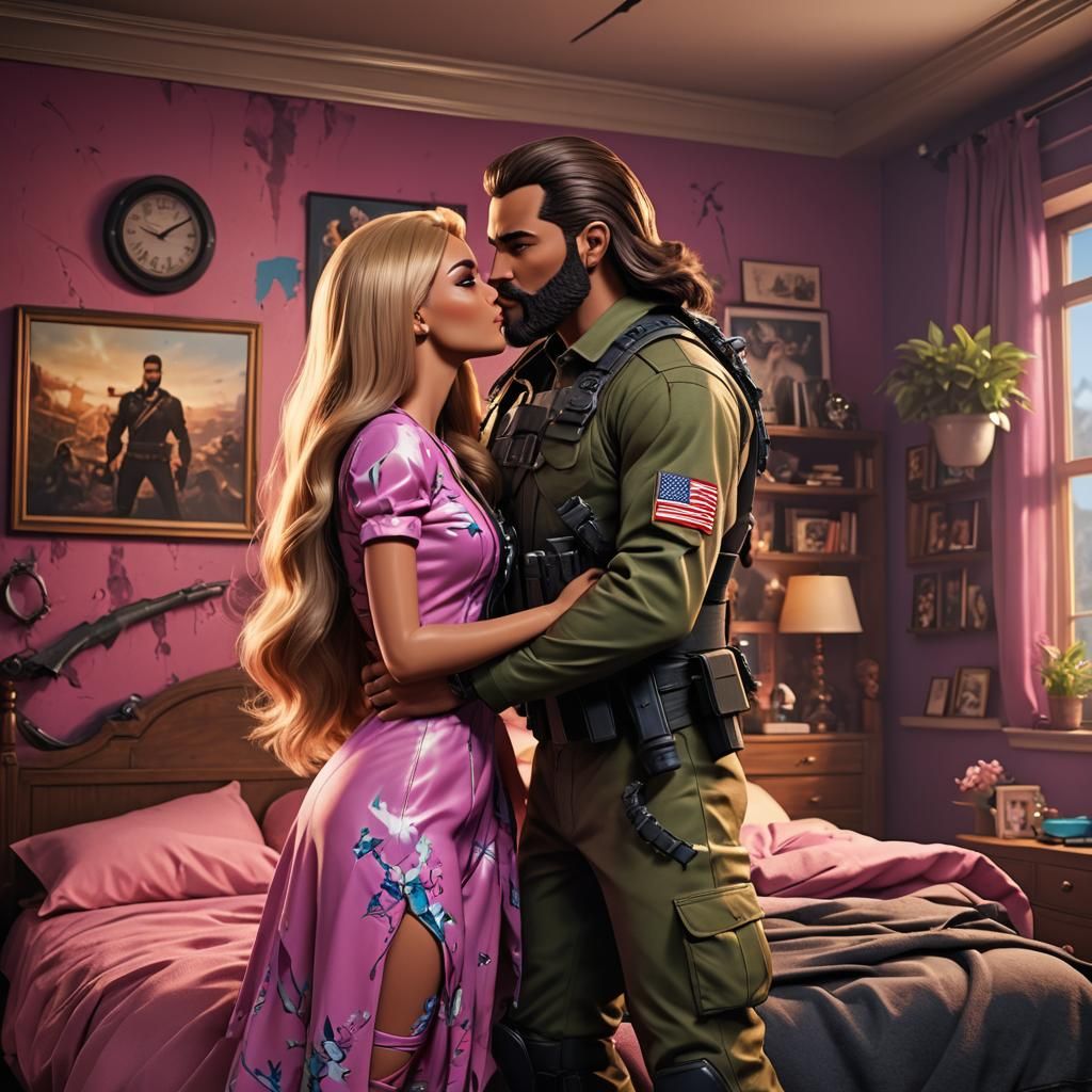 Barbie-like Girl and G.I. Joe Man Kiss