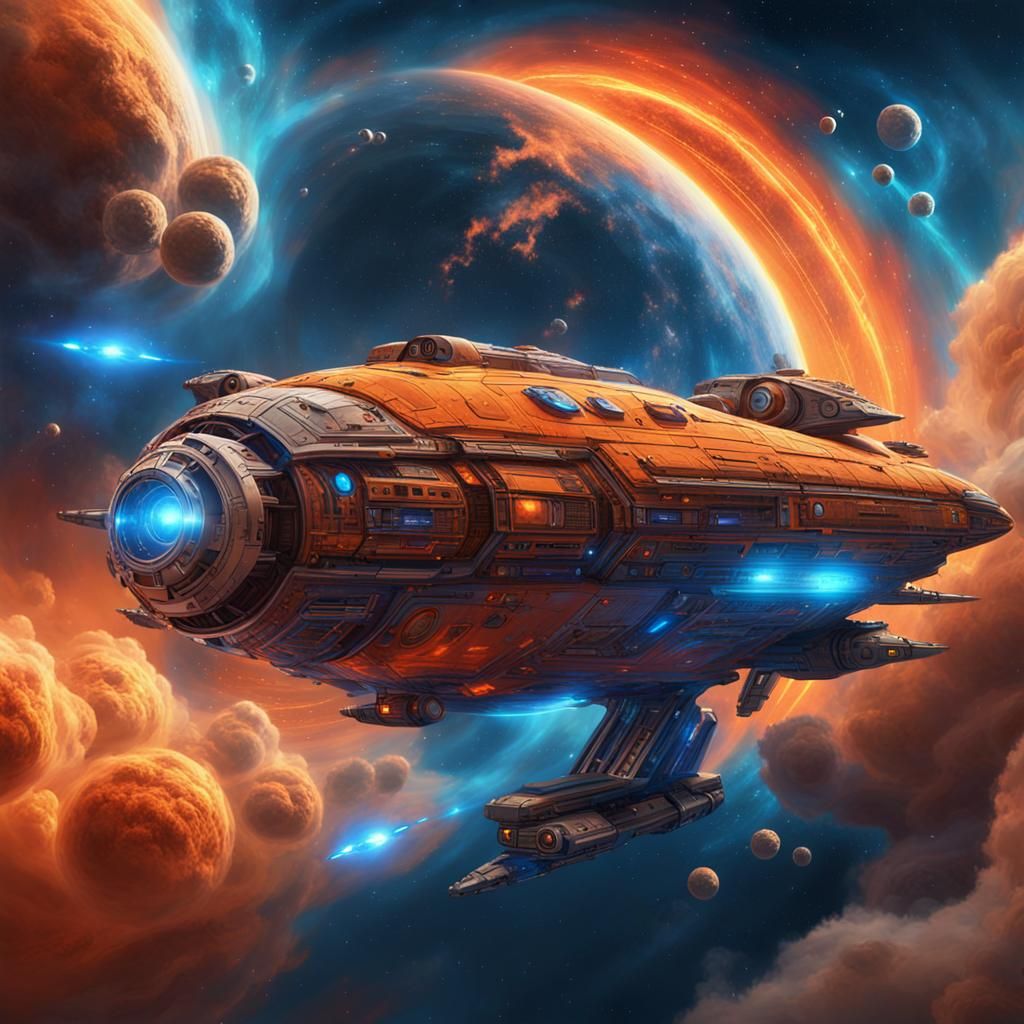 Spaceship Soaring Through Nebula: Sci-Fi Concept Art