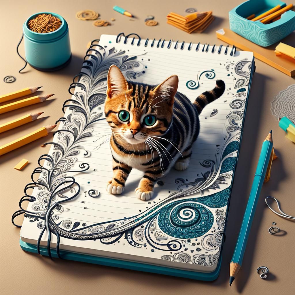 Whimsical Kitten Emerges from Zentangle Doodle Page