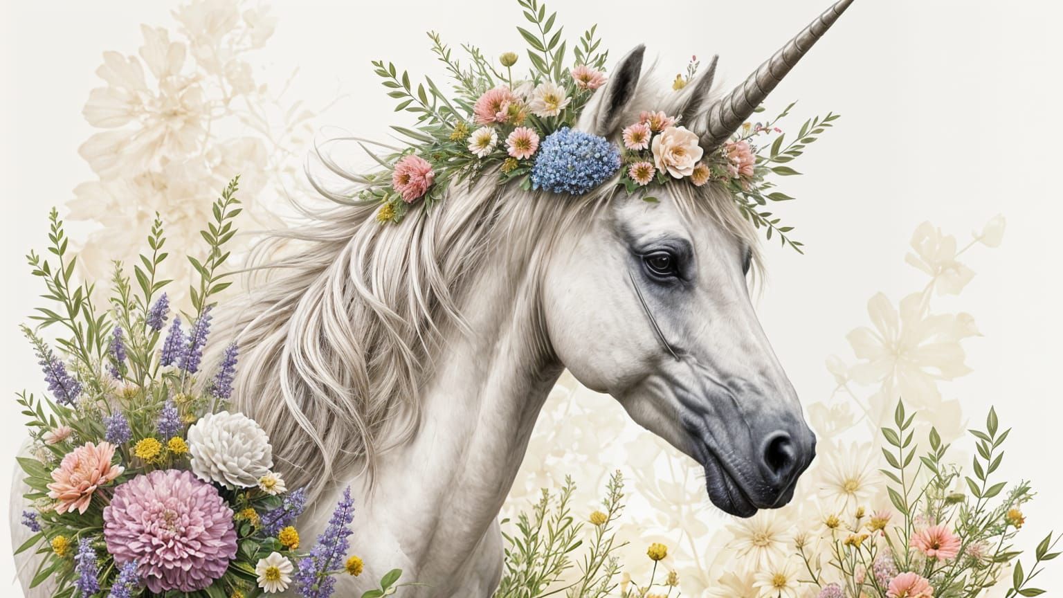 Elegant Wildflower Bouquet on Unicorn Head in Watercolor Sty...