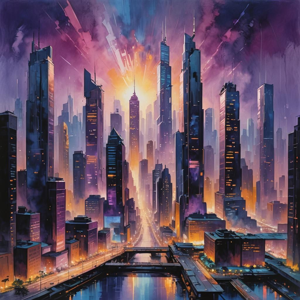 Futuristic Cityscape in Impressionist Gouache Style