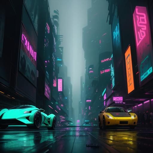 Cyberpunk Cityscape with Flying Cars in Neon Noir Style