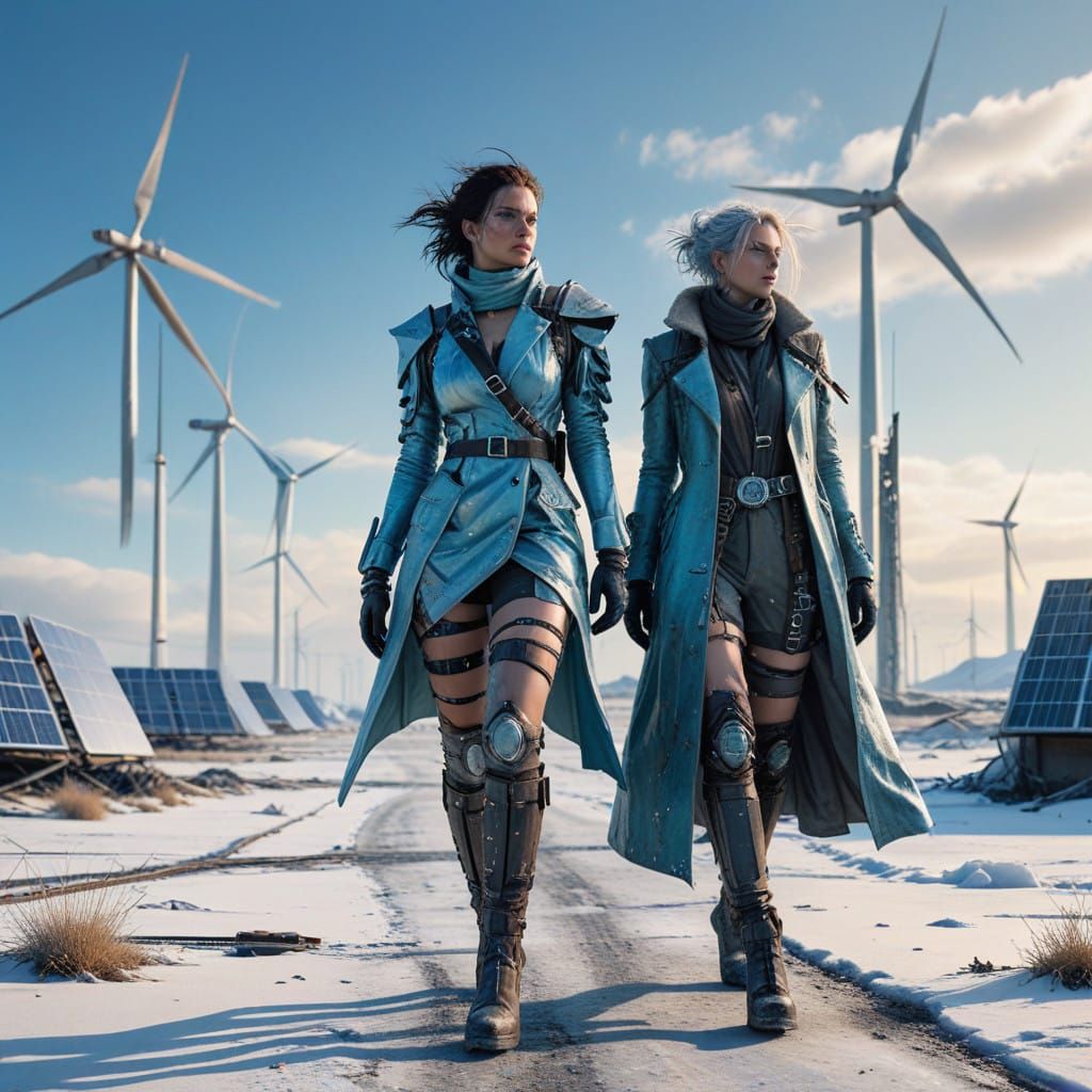 Cyberpunk Post-Apocalyptic Women Walk Through Icy Desert Lan...
