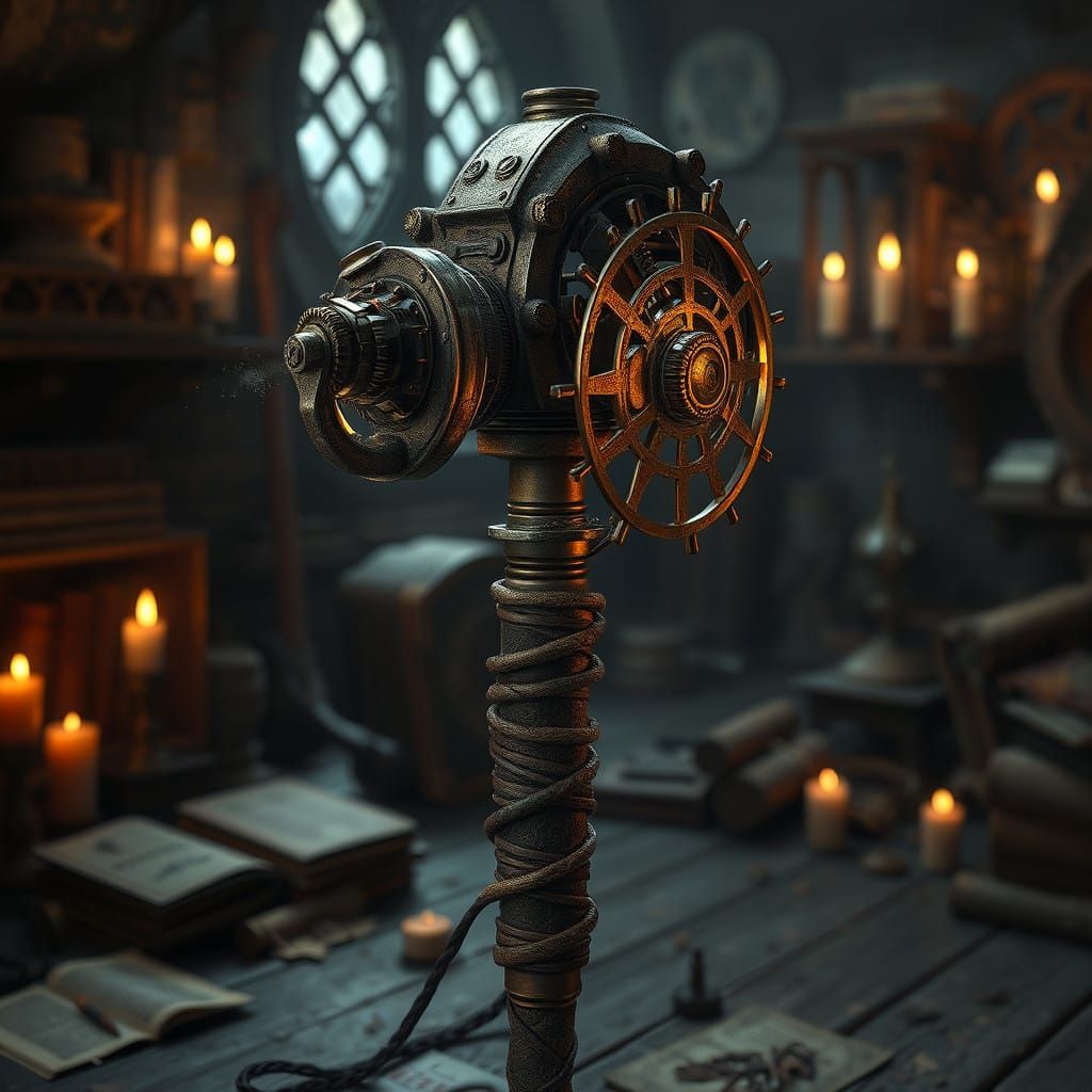 Mystical Steam-Punk Beat-Stick in Dimly Lit Workshop