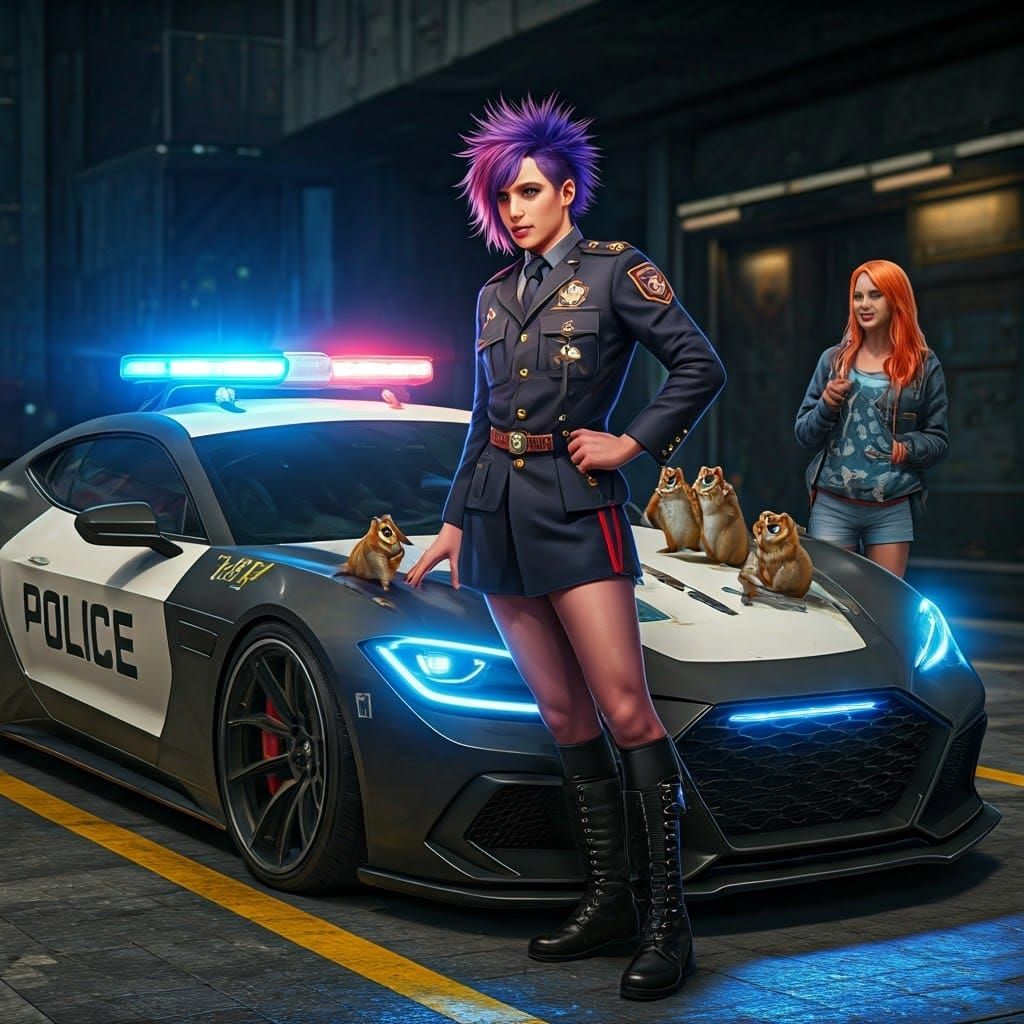 Confident Thai Ladyboy in Police Uniform with Friendly Woman...